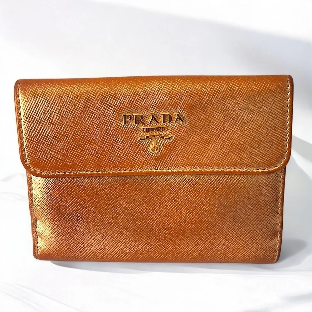 Prada Saffiano Leather Compact Wallet in Metallic Oro Gold with COA
